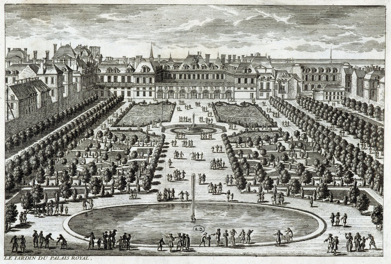 Näkymä Parc du Palais Royalille Pariisissa. Kaiverrus Perelle, 1600-luvun loppu. tekijältä Gabriel Perelle