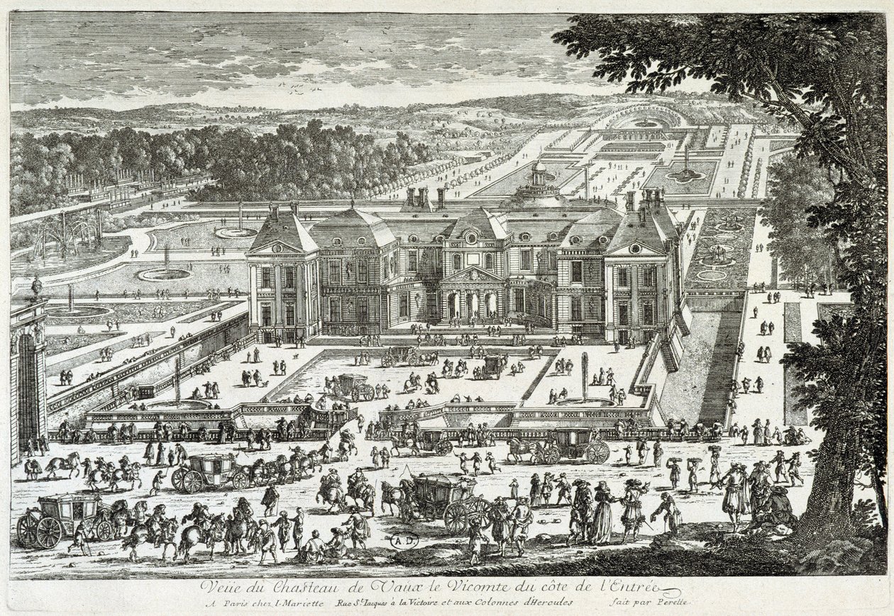 Näkymä Vaux Le Vicomten (Vaux-Le-Vicomten) linnalle sisäänkäynnin puolelta (Le oursin puutarhat) - Perellen luona, 1600-luvun loppu tekijältä Gabriel Perelle