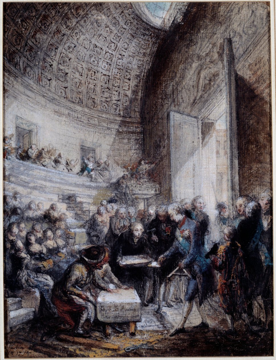 Kuningas Ludvig XVI (1754-1793) kuninkaallisen kirurgian koulun amfiteatterin vihkiminen käyttöön 14.9.1774 Gouache de Gabriel de Saint Aubin (1724-1780) 1700-luvun Pariisi, Musee Carnavalet tekijältä Gabriel de Saint Aubin