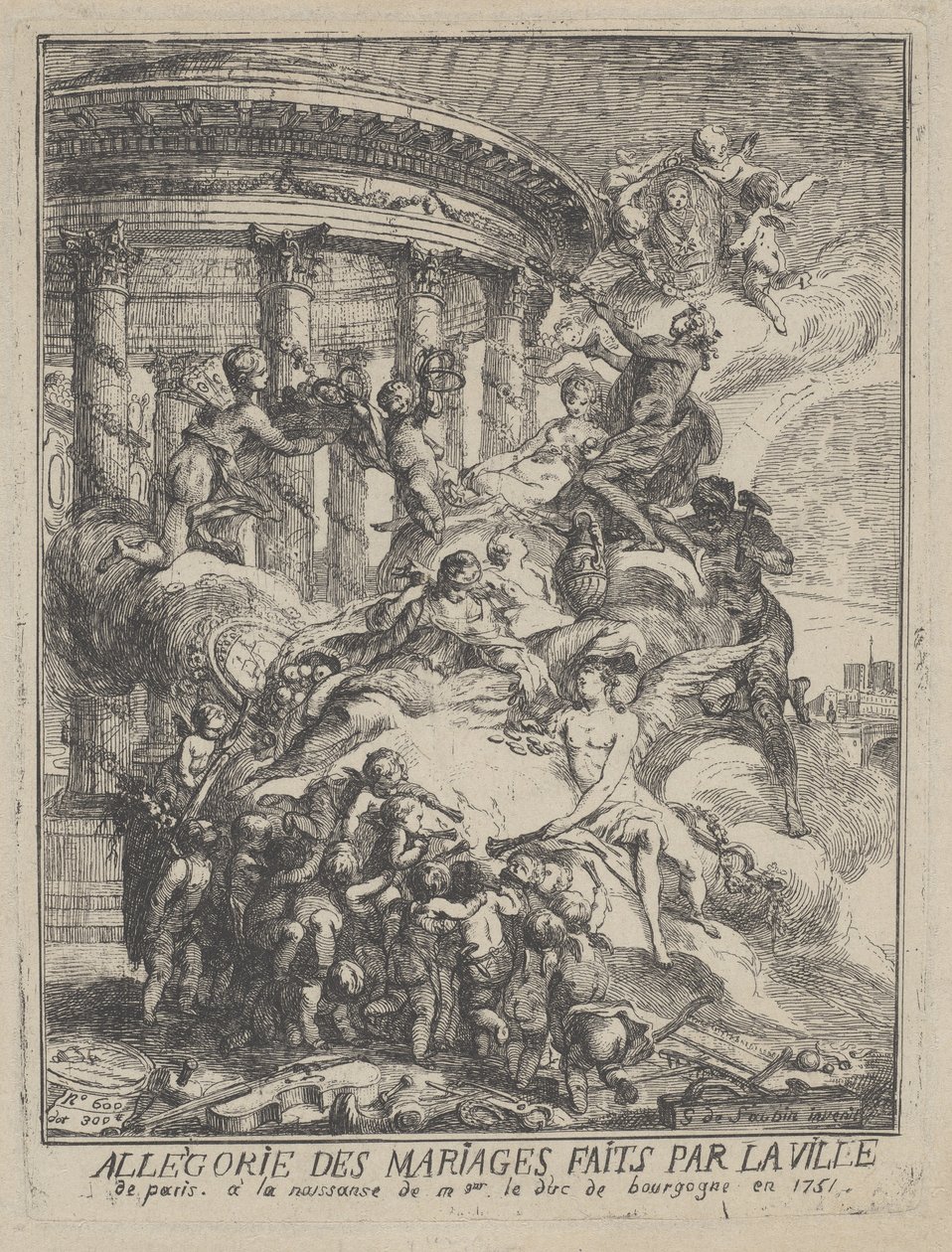 Allegoria Pariisin kaupungin solmimista avioliitoista Burgundin herttuan syntymän yhteydessä, 1751 tekijältä Gabriel de Saint Aubin
