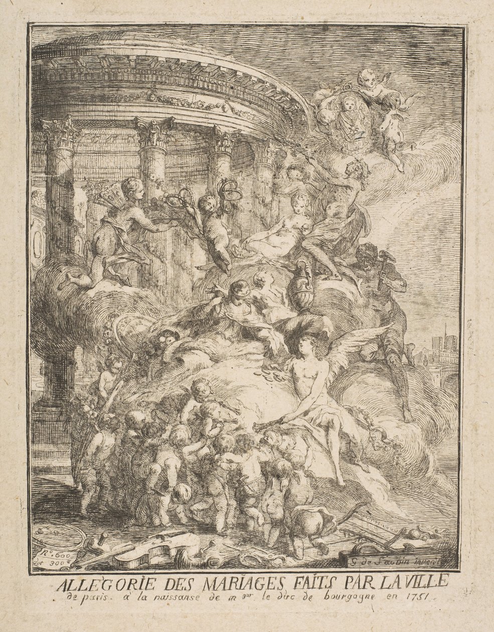 Allegoria Pariisin kaupungin solmimista avioliitoista Burgundin herttuan syntymän yhteydessä vuonna 1752. tekijältä Gabriel de Saint Aubin