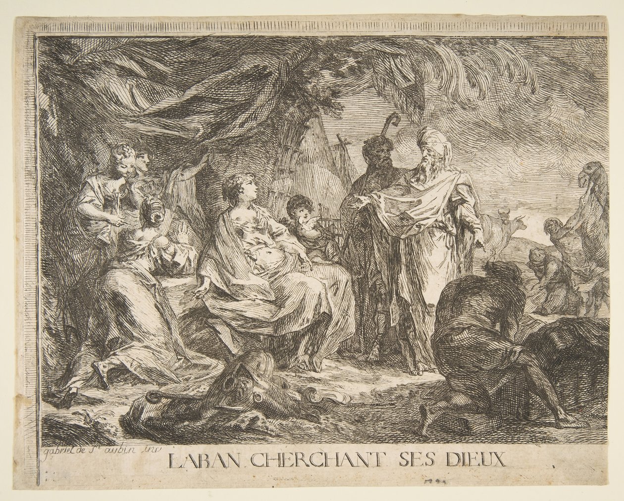 Laban etsii jumaliaan, 1753. tekijältä Gabriel de Saint Aubin