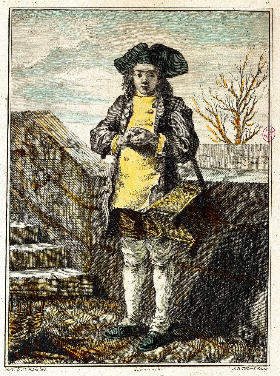 Vanhat menetelmät: kengänkirkkaus tai kengänkirkkaus. Kaiverrus Gabriel de Saint Aubin (1724-1780) 1700-luvun Pariisin museo Carnavalet tekijältä Gabriel de Saint Aubin