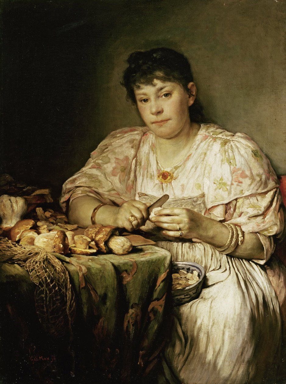 Ernestine von Max, taiteilijan vaimo, kuorimassa sieniä tekijältä Gabriel von Max