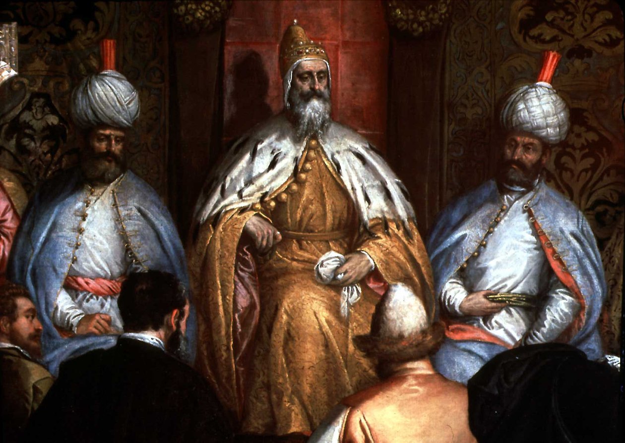 Marino Grimani (1532-1605) vastaanottaa Persian suurlähettilään tekijältä Gabriele Caliari