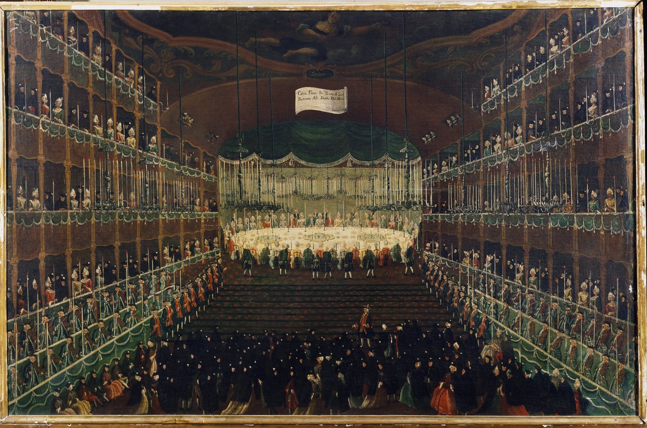 Ateria San Benedetto -teatterissa - "" Vastaanotto pohjoisen ruhtinaiden kunniaksi"" Juhla, joka kokoaa yhteen suurlähettiläät. Gabriel Bellan (1730-1799) maalaus 1700-luvun Venetsia, Galleria Fondazione Querini Stampalia tekijältä Gabriele Bella