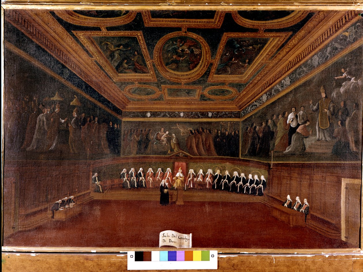 Kymmenen neuvosto Dogen palatsissa 1700-luvulla - Sala Del Consilgio di Dieci 1725 - Kymmenen neuvoston huone, Dogen palatsi, Venetsia (18.) Gabriele Bella (1730 - 1799) - Doge ja neuvosto Kymmenen. Correrin museo. Venetsia tekijältä Gabriele Bella