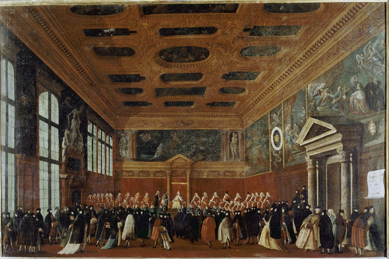 Suurlähettiläsvastaanotto Collegiossa (Venetsia, suurlähettilään vastaanotto Collegiossa) - Gabriele Bellan (n. 1730-1799) maalaus, öljy kankaalle, 99x150 cm. Venetsia, Querini Stampalia Foundation tekijältä Gabriele Bella