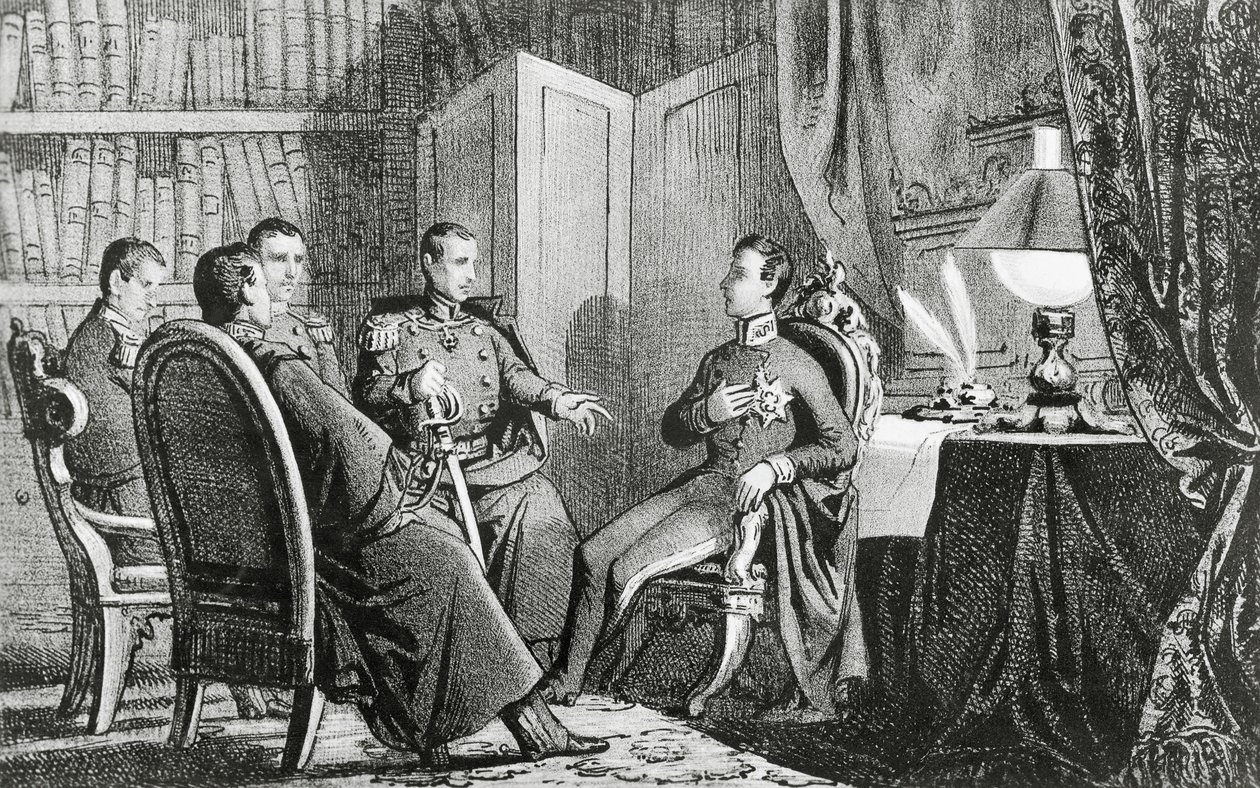 Carignanon prinssi Charles Albert (1798-1849) lupaa tukensa liberaaleille salaliittolaisille 6. maaliskuuta tekijältä Gabriele Castagnola