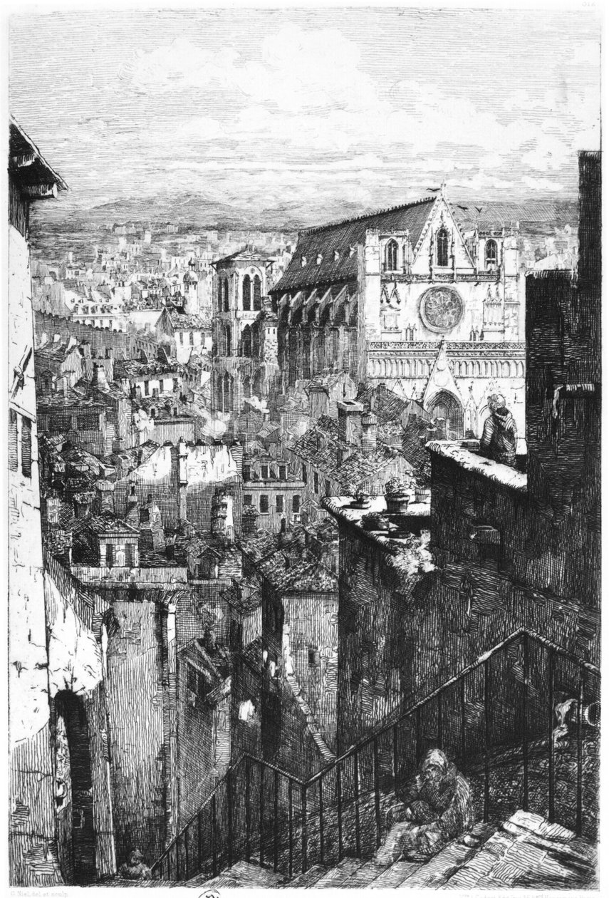 Näkymä Saint-Jeanin kirkolle, Lyon, 1800-luvun puoliväli (bw kuva) tekijältä Gabrielle Marie Niel