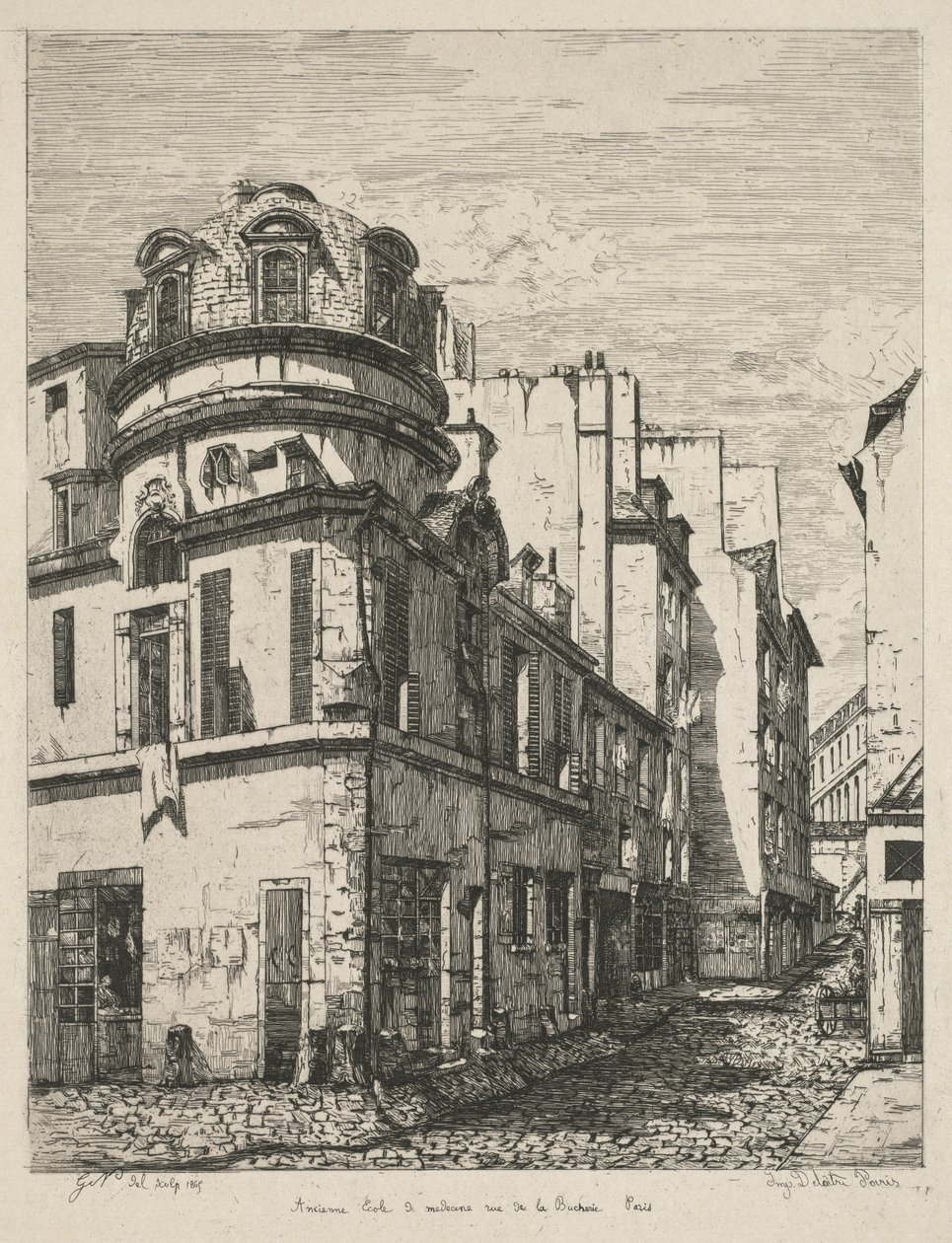 Etsaus Vanhasta Pariisista: Entinen lääketieteellinen koulu rue de la Bûcherie..., 1865. tekijältä Gabrielle Marie Niel
