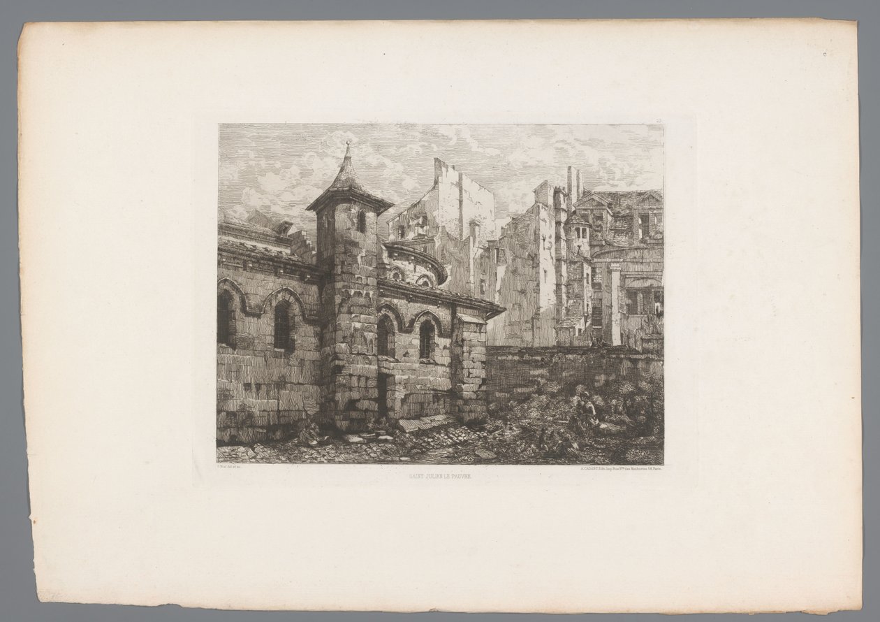 Gezicht op Saint-Julien-le-Pauvre Saint Julian the Poor (otsikko esineessä) France etsen uit 1874 (sarjan nimi) Etsaus vuonna 1874 (sarjan nimi) tekijältä Gabrielle Marie Niel