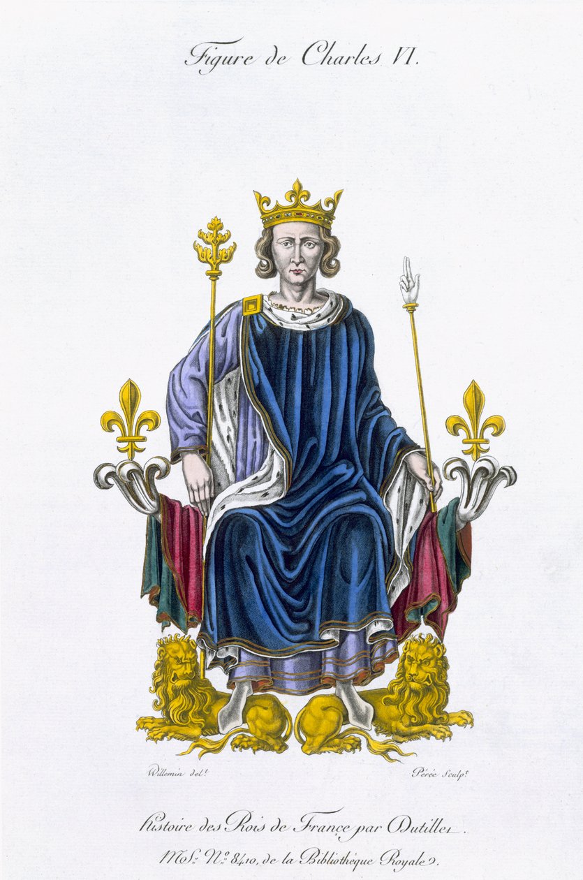 Kaarle VI:n figuuri, kaiverrettu Amedee Peree, teoksesta "Histoire des Rois de France" (värilitho) tekijältä Gabrielle Willemin