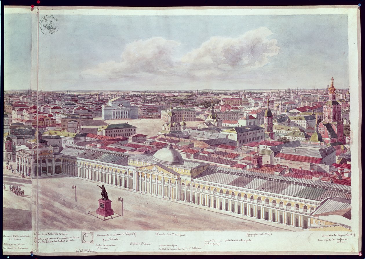 Panoraama Moskovasta, joka kuvaa tavarataloa "Gum" ja Bolshoi-teatteria Punaisella torilla, 1819 (katso 170139-170146) tekijältä Gadolle