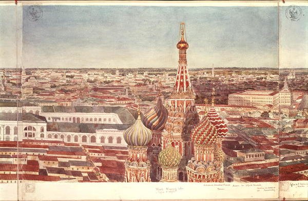 Moskovan panoraama, joka kuvaa Pyhän Vasilin katedraalia, 1819 (wc paperilla) (katso 170139-170146) tekijältä Gadolle
