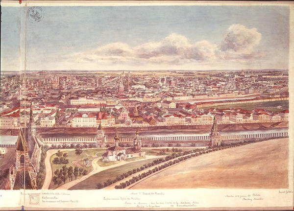 Panoraama Moskovasta, joka kuvaa Kremlin muureja ja Moskvajokea, 1819 (wc paperilla) (ks. 170139-170145) tekijältä Gadolle