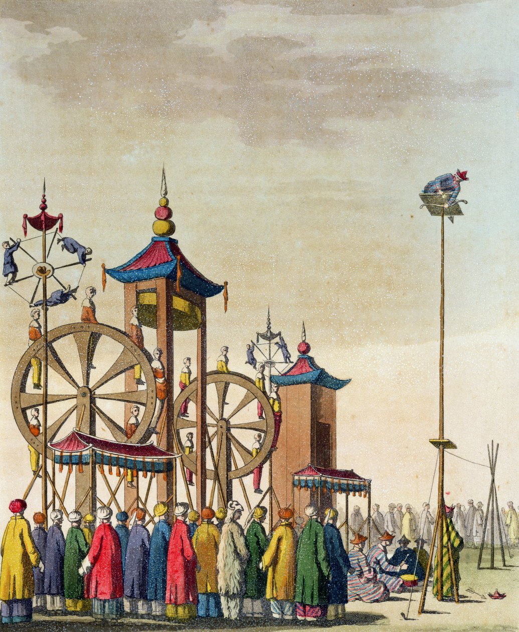 Kiinalainen sirkus, kuvitus Giulio Ferrarion teoksesta "Le Costume Ancien et Moderne", julkaistu noin 1820-30-luvuilla. tekijältä Gaetano Zancon