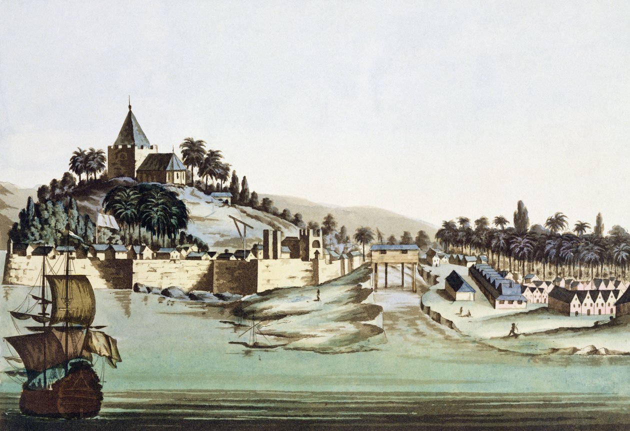 Malaccan satama ja kaupunki, Malesia, kuvitus Giulio Ferrarion teoksesta "Le Costume Ancien et Moderne", julkaistu noin 1820-30-luvulla tekijältä Gaetano Zancon