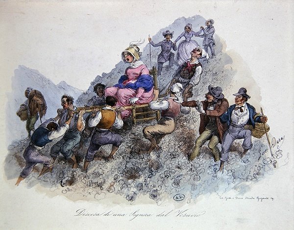 Turisti laskeutumassa Vesuviukselta, n. 1830 (värilitho) tekijältä Gaetano (after) Dura