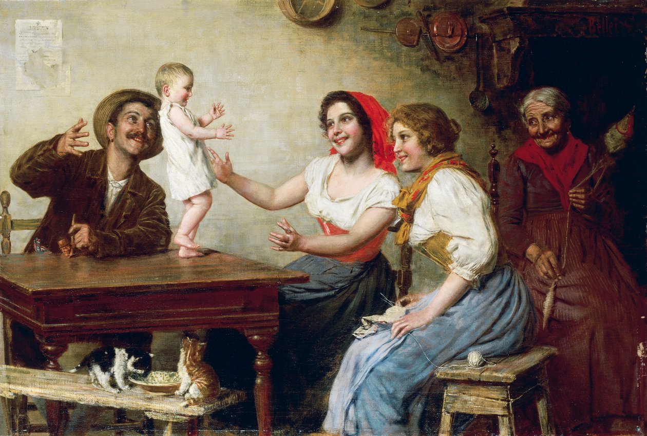 Ensimmäiset askeleet, Gaetano Bellei (1857-1922), öljy kankaalle, 55x82,5 cm tekijältä Gaetano Bellei