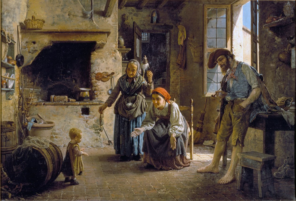 Lapsen ensimmäiset askeleet Gaetano Chiericin (1838-1920) maalaus 1865 Dim 70x100 cm Genes, Galleria d