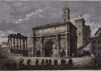 Septimus VI:n kaari, Forum, Rooma, Gaetano Cottafavin sarjasta, noin 1850 (teräskaiverrus). tekijältä Gaetano Cottafavi