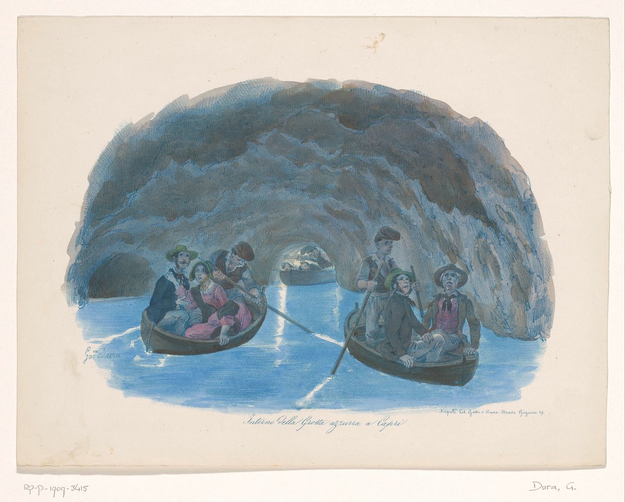 Figuurit soutuveneillä Caprin Sinisessä luolassa Interno della Grotta azzurra a Capri (otsikko esineessä) tekijältä Gaetano Dura