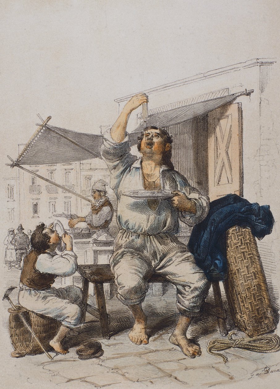 Mangia Maccaroni (pastan syöjät), Gaetano Dura (1805-1878), kaiverrus, Italia tekijältä Gaetano Dura