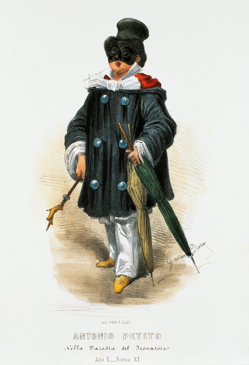 Näyttelijä Antonio Petito (1822-1876) näyttämöasussa parodiassa Trubaduuri, litografia Gaetano Dura (1805-1874) tekijältä Gaetano Dura