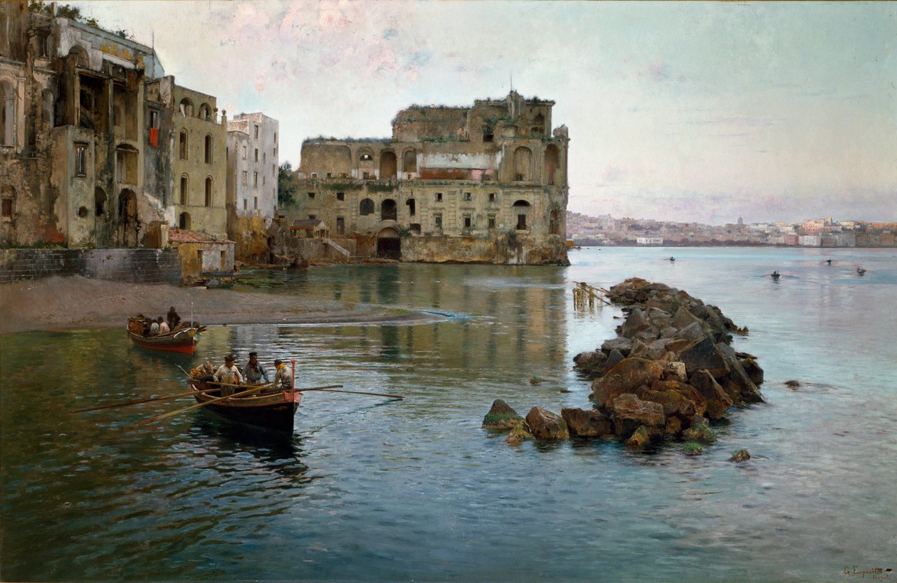 Meren ranta Napolissa. Gaetano Espositon (1858-1911) maalaus tekijältä Gaetano Esposito