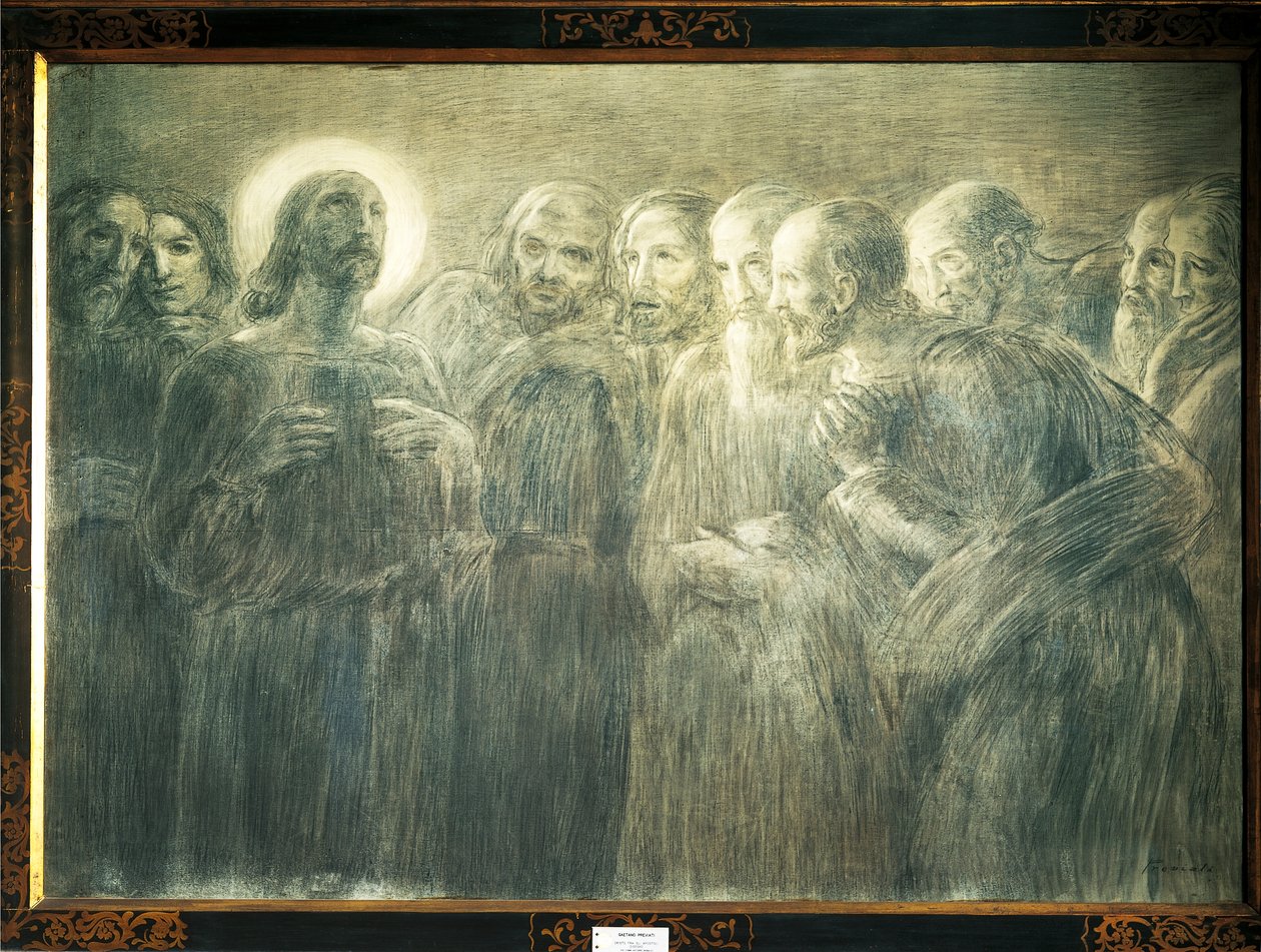 Kristus apostolien joukossa, Gaetano Previati (1852-1920), puuhiili kankaalle tekijältä Gaetano Previati