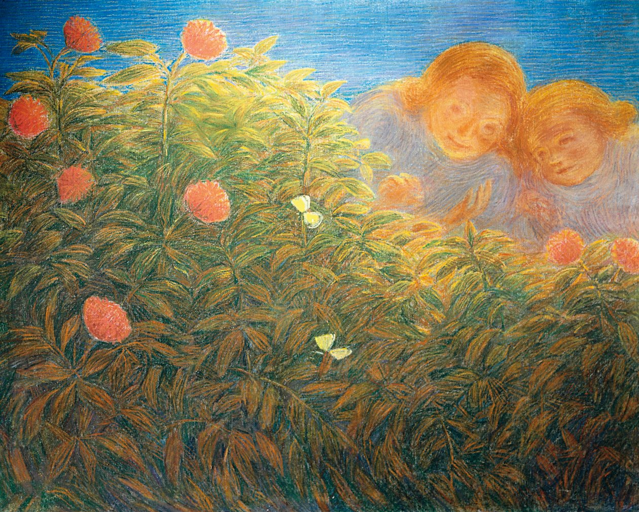 Kukat ja perhoset, Gaetano Previati (1852-1920), öljy kankaalle tekijältä Gaetano Previati