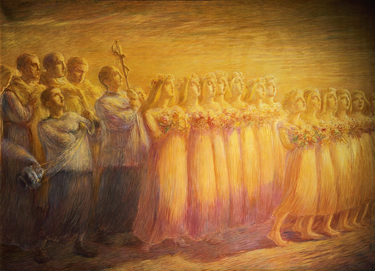Neitsyen hautajaiset, Gaetano Previati (1852-1920), Yksityiskohta oikeasta sivusta tekijältä Gaetano Previati