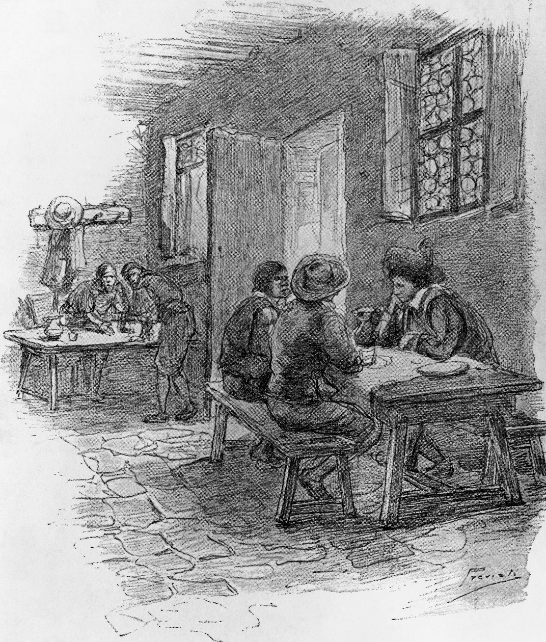 Renzo, Tonio ja Gervase majatalossa, luku VII, Gaetano Previatin (1852-1920) kuvitus teokselle Faithfulness, Alessandro Manzonin (1785-1873) historiallinen romaani tekijältä Gaetano Previati