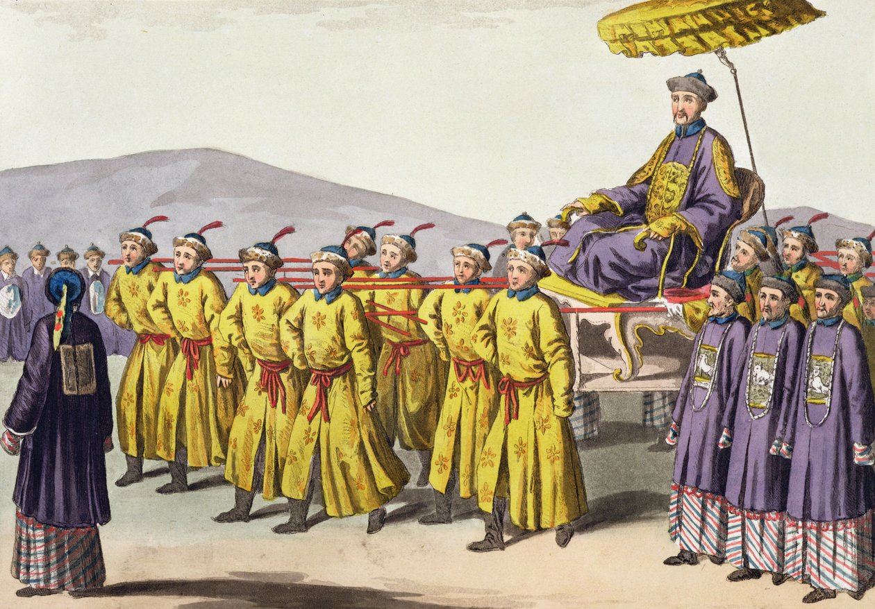 Keisari Chien Lung kantoi Triumphissa, levy 18 Jules Ferrarion Le Costume Ancien et Modernesta, julkaistu noin 1820-30-luvulla tekijältä Gaetano Zancon