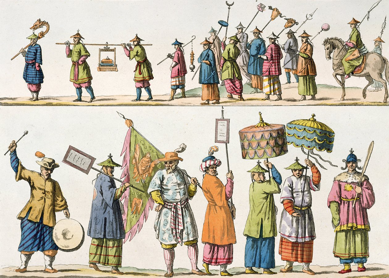 Kiinan keisarin kulkueen päähenkilöt, kuvitus Giulio Ferrarion teoksesta "Le Costume Ancien et Moderne", julkaistu noin 1820-30-luvulla tekijältä Gaetano Zancon
