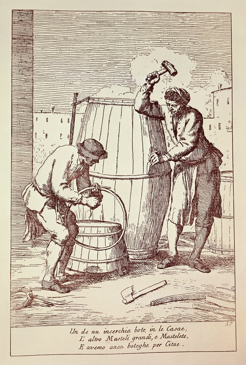 Coopers at work, Kaiverrus Gaetano Gherardo Zompini (1700-1778) teoksesta Venetsian kaupungin arkipäivän taide, Italia tekijältä Gaetano Zompini