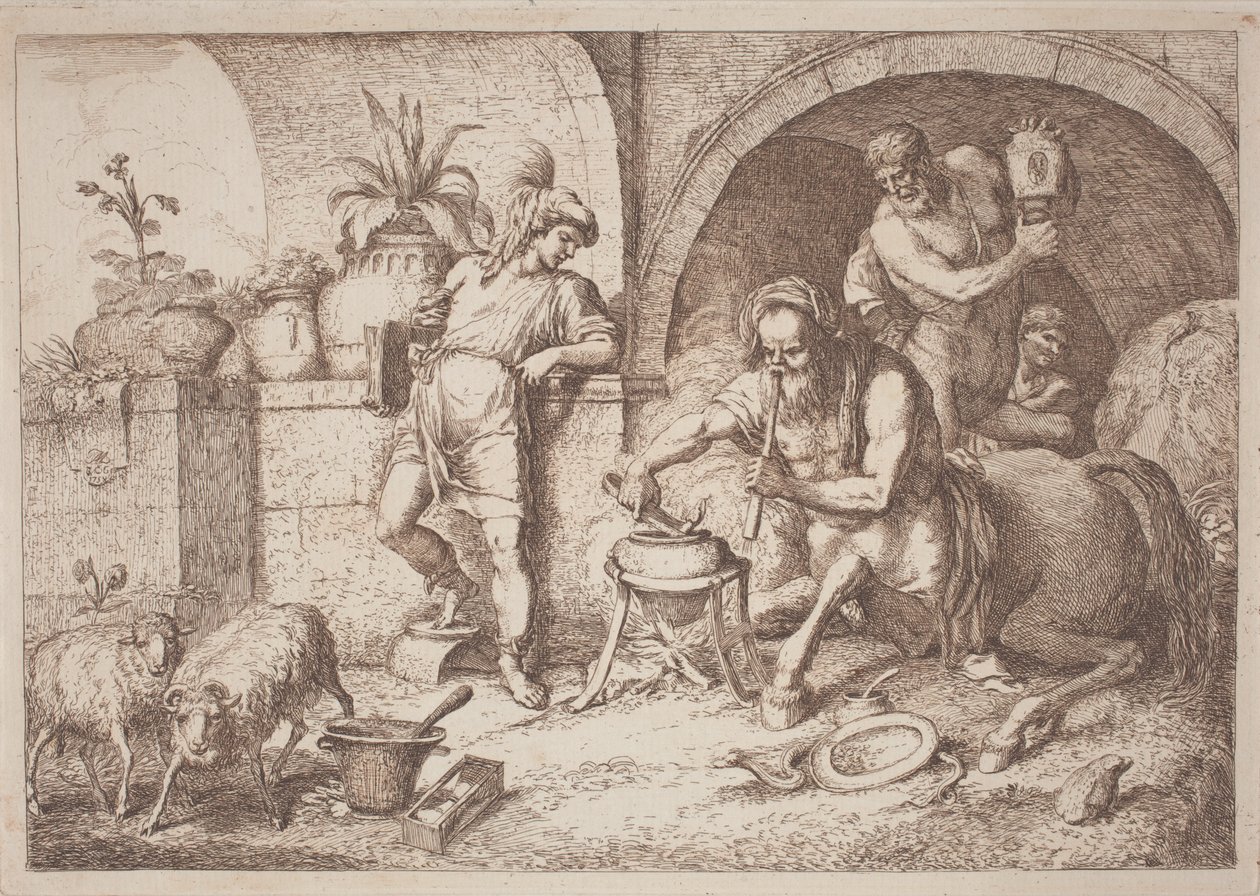 Chiron opettaa taikuutta Akhilleukselle tekijältä Gaetano Zompini, after Giovanni Benedetto Castiglione