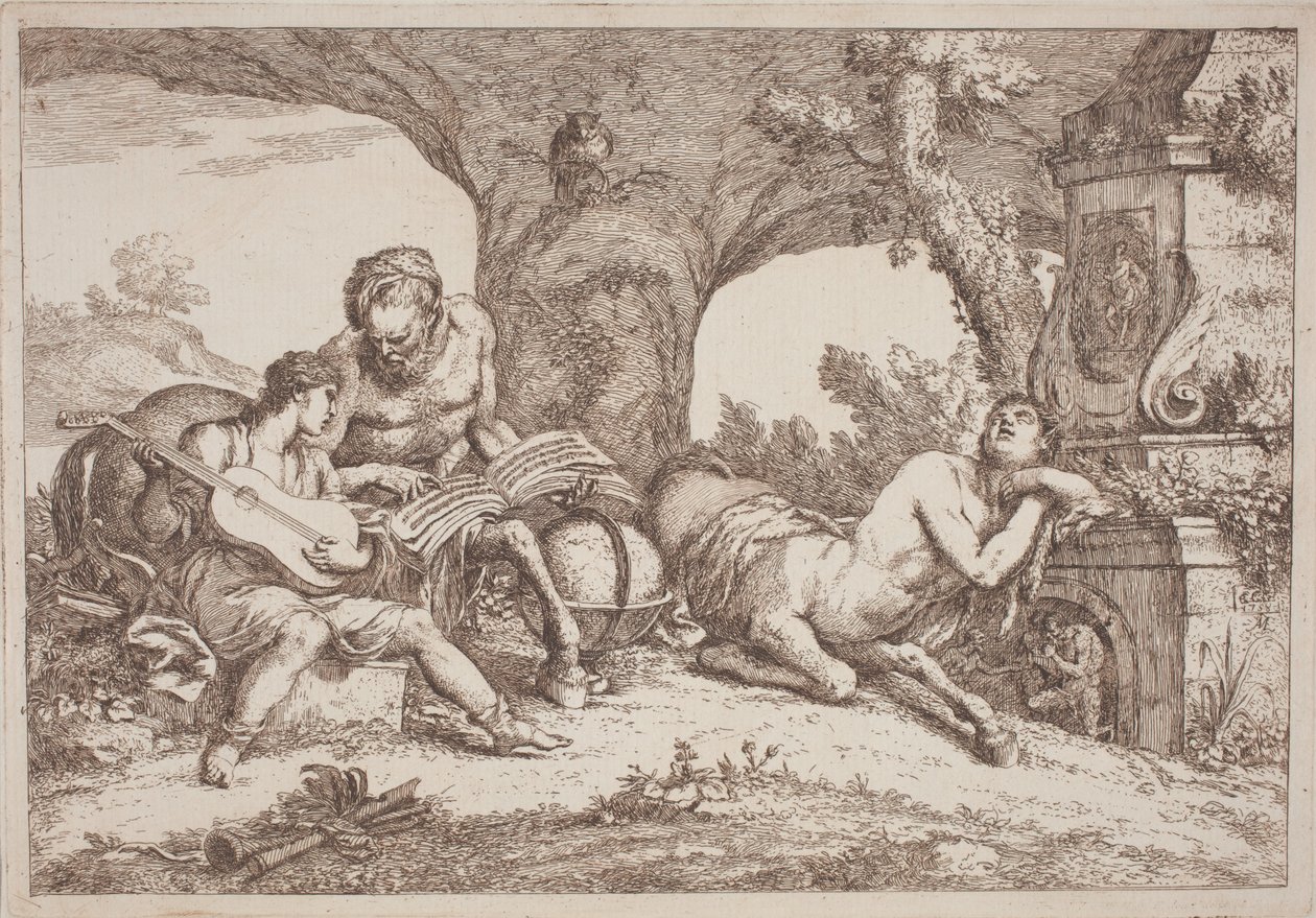 Chiron opettaa musiikkia Akhilleukselle tekijältä Gaetano Zompini, after Giovanni Benedetto Castiglione