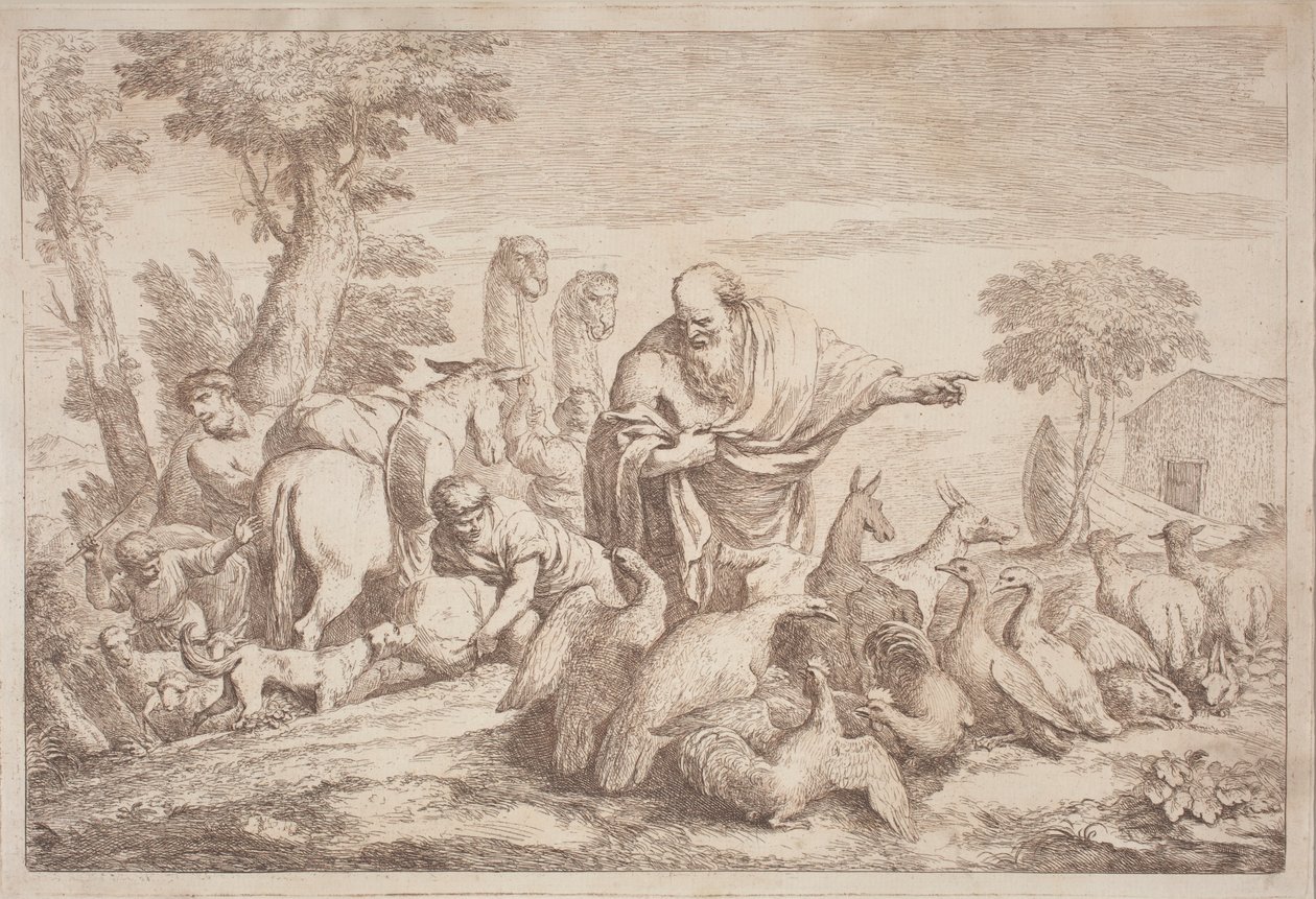 Nooa johdattaa eläimiä arkkiin tekijältä Gaetano Zompini, after Giovanni Benedetto Castiglione