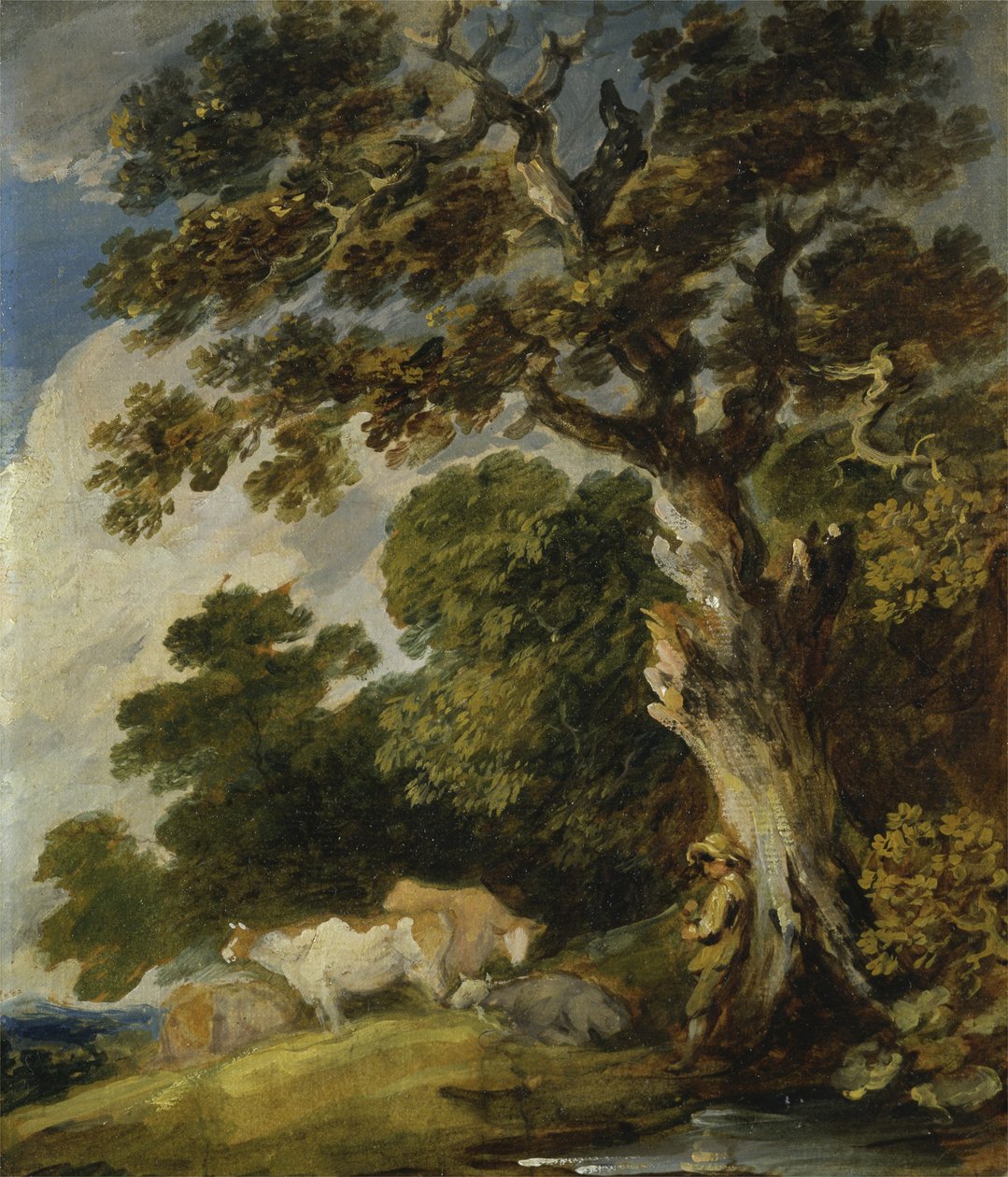 Metsäinen maisema karjaa ja paimenia (öljy paperille kankaalle) tekijältä Gainsborough Dupont