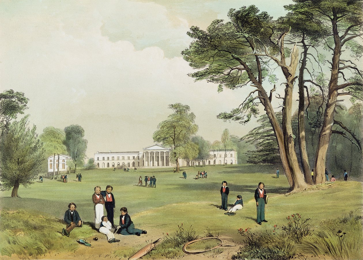 Protestanttisten toisinajattelijoiden lukio ja kappeli, Mill Hill, Middlesex, luonnosta piirtänyt D. Fowler n. 1830 tekijältä Gale Robert Leake