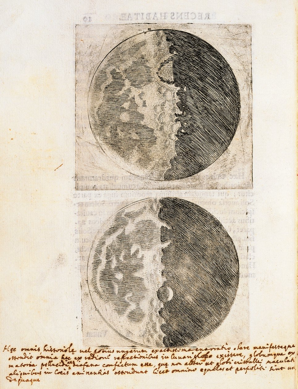 Sidereus Nuncius (Starry Messenger) piirroksilla Kuun vaiheista ja pinnasta tekijältä Galileo Galilei