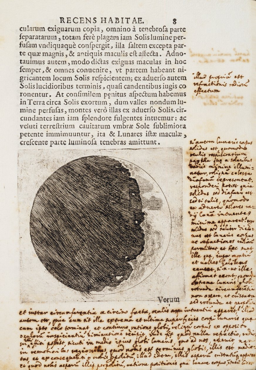 Sidereus Nuncius (Starry Messenger) piirroksilla Kuun vaiheista ja pinnasta tekijältä Galileo Galilei