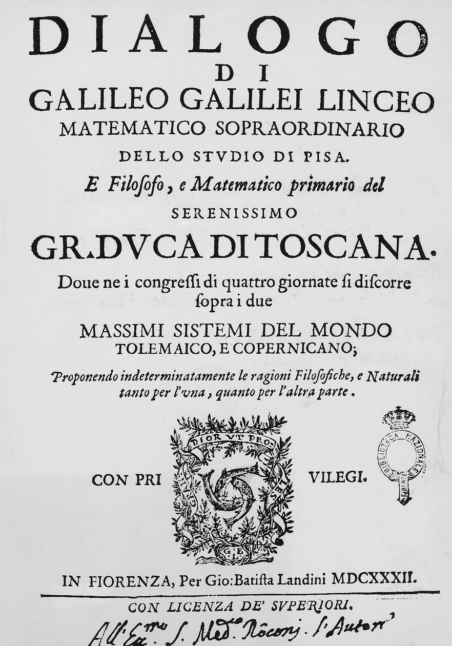 Galileo Galilein (1564-1642) Dialogue kahdesta tärkeimmästä maailmanjärjestelmästä, Ptolemaiosta ja Kopernikosta, otsikkosivu. Gian Battista Landini julkaisi Firenzessä vuonna 1632. tekijältä Galileo Galilei