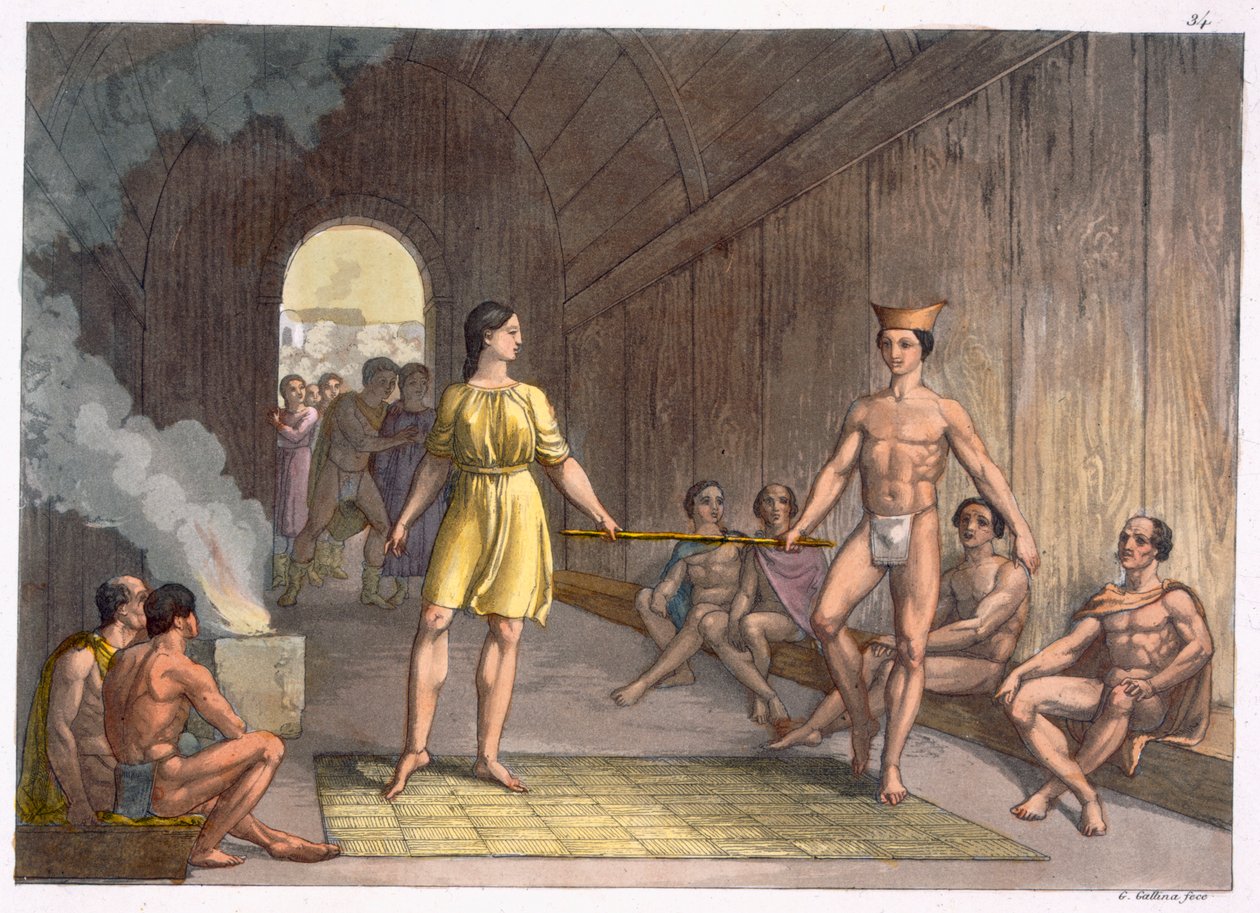 Kanadalainen intialainen vihkimisseremonia Jules Ferrarion teoksesta Le Costume Ancien et Moderne, osa I, levy 34, julkaistu noin 1820-30-luvulla tekijältä Gallo Gallina