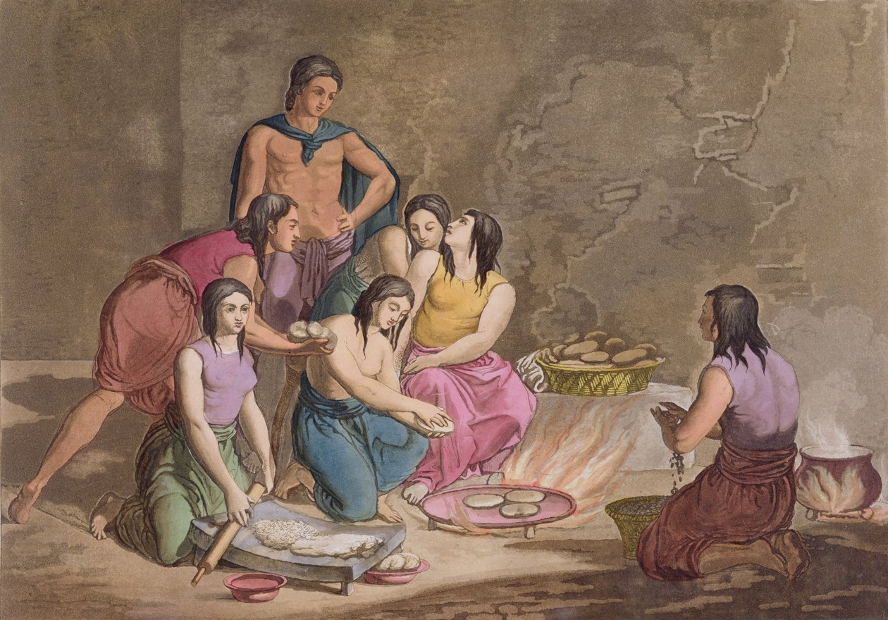 Atsteekinaiset, jotka tekevät maissileipää, Meksiko, Jules Ferrarion julkaisusta "Le Costume Ancien et Moderne", osa II, levy 82, julkaistu 1820-30-luvulla (värikaiverrus) tekijältä Gallo Gallina