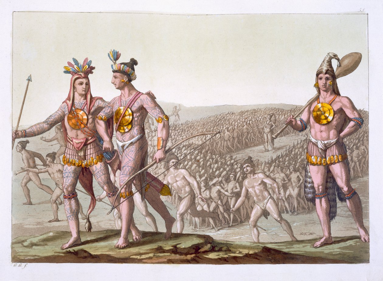 Chief Outina, Saturiban vihollinen, kävelee seuraajiensa keskuudessa, levy 58 Jules Ferrarion "Le Costume Ancien et Moderne" -julkaisusta, julkaistu noin 1820-30-luvulla tekijältä Gallo Gallina