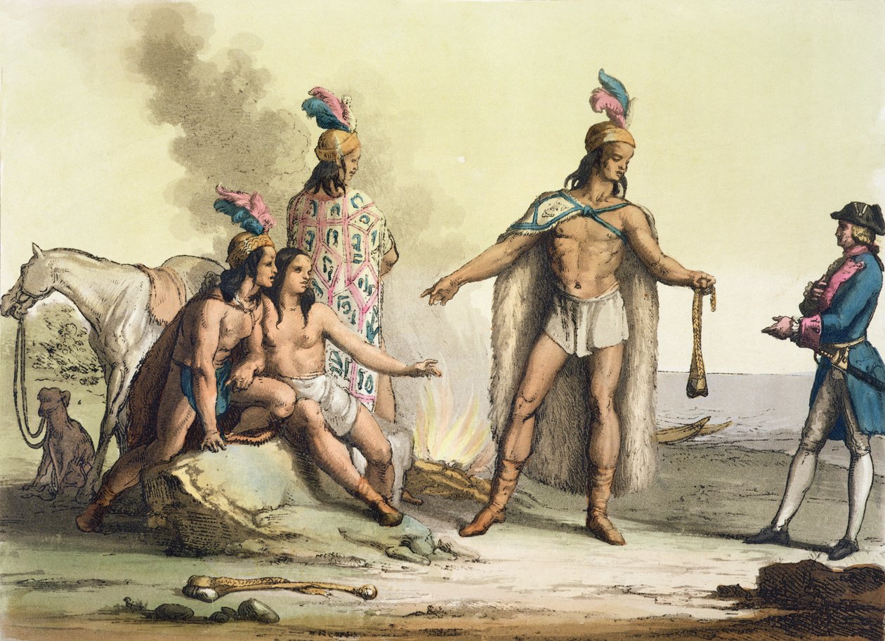 Patagonian intiaanit Chilessä tervehtimässä eurooppalaista matkailijaa Jules Ferrarion teoksesta Le Costume Ancien et Moderne, osa II, levy 38, julkaistu 1820-30-luvulla tekijältä Gallo Gallina