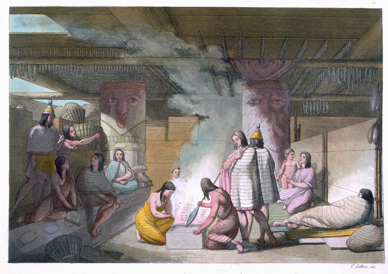 Nootka-heimon mökin sisustus, Jules Ferrarion teoksesta Le Costume Ancien et Moderne, osa I, levy 19, julkaistu noin 1820-30-luvulla tekijältä Gallo Gallina